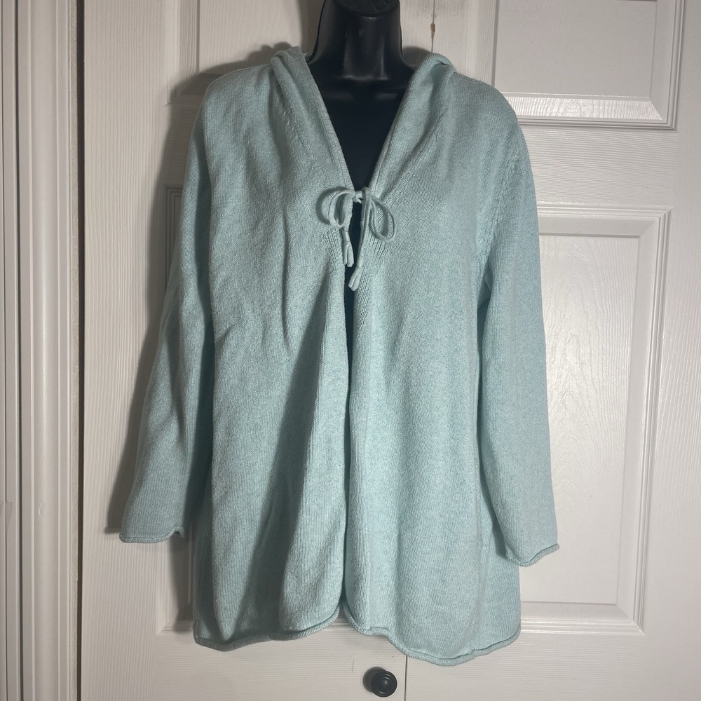 Pure Jill Cotton Cashmere Blend Cardigan Women L Blue Hooded Knit Pockets‎ Tied